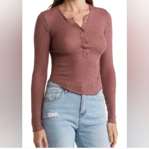 Intimately Free People Size Large One Of The Girls Henley Top Pink Waffle Knit - Picture 1 of 6